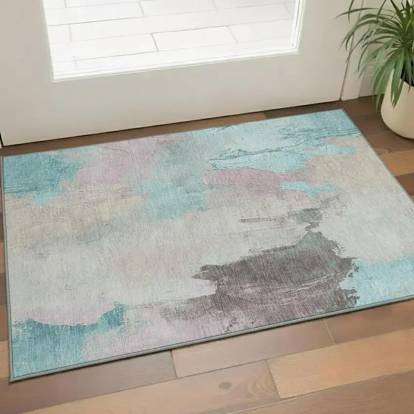 Teal Beige And Gray Abstract Washable Area Rug With UV Protection Photo 2
