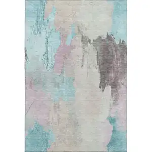 Photo of Teal Beige And Gray Abstract Washable Area Rug With UV Protection