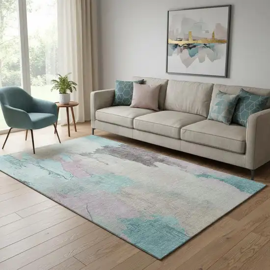 Teal Beige And Gray Abstract Washable Area Rug With UV Protection Photo 2