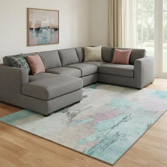 Teal Beige And Gray Abstract Washable Area Rug With UV Protection Photo 2