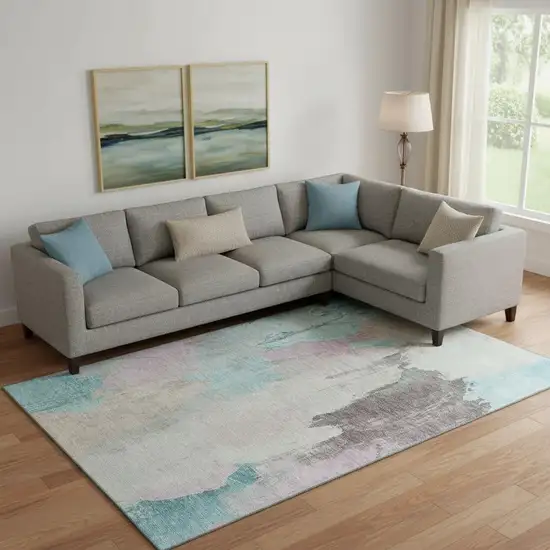 Teal Beige And Gray Abstract Washable Area Rug With UV Protection Photo 2