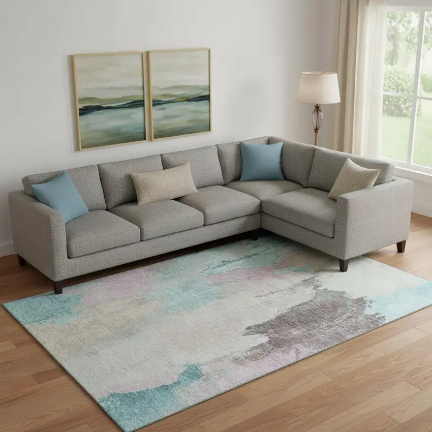 Teal Beige And Gray Abstract Washable Area Rug With UV Protection Photo 2