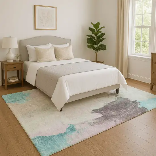Teal Beige And Gray Abstract Washable Area Rug With UV Protection Photo 4