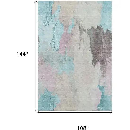 Teal Beige And Gray Abstract Washable Area Rug With UV Protection Photo 8