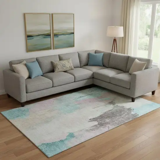 Teal Beige And Gray Abstract Washable Area Rug With UV Protection Photo 2