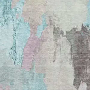 Photo of Teal Beige And Gray Abstract Washable Area Rug With UV Protection