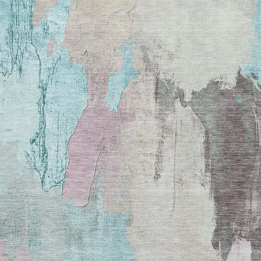 Teal Beige And Gray Abstract Washable Area Rug With UV Protection Photo 3