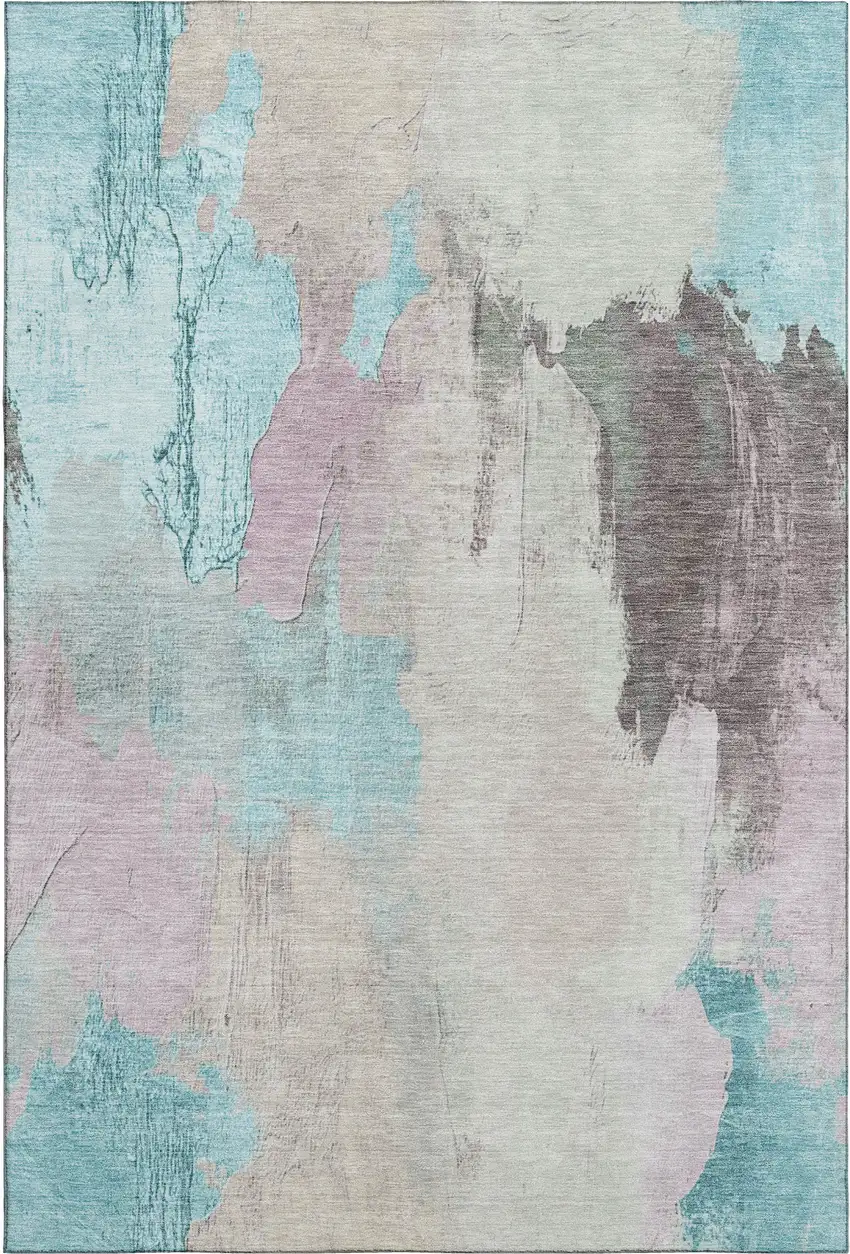 Teal Beige And Gray Abstract Washable Area Rug With UV Protection Photo 1