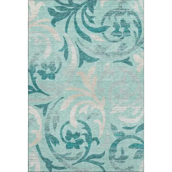 Teal Beige And Gray Floral Washable Area Rug With UV Protection Photo 1