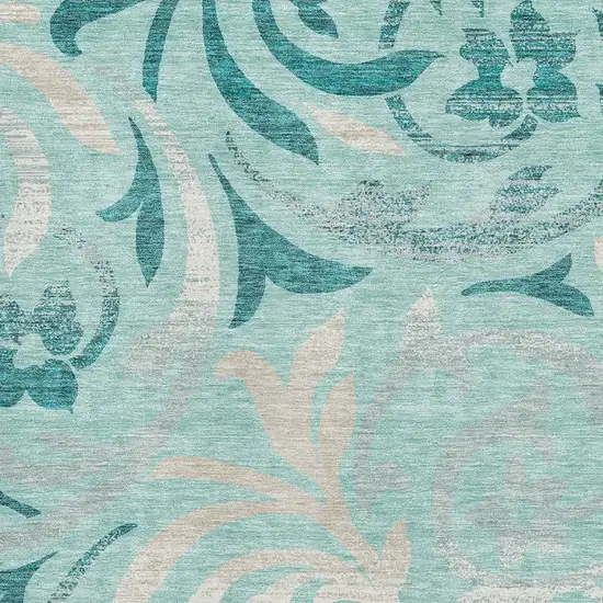 Teal Beige And Gray Floral Washable Area Rug With UV Protection Photo 3
