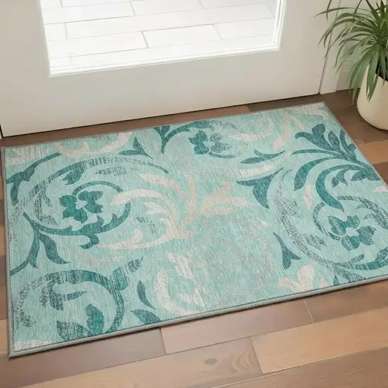 Teal Beige And Gray Floral Washable Area Rug With UV Protection Photo 2
