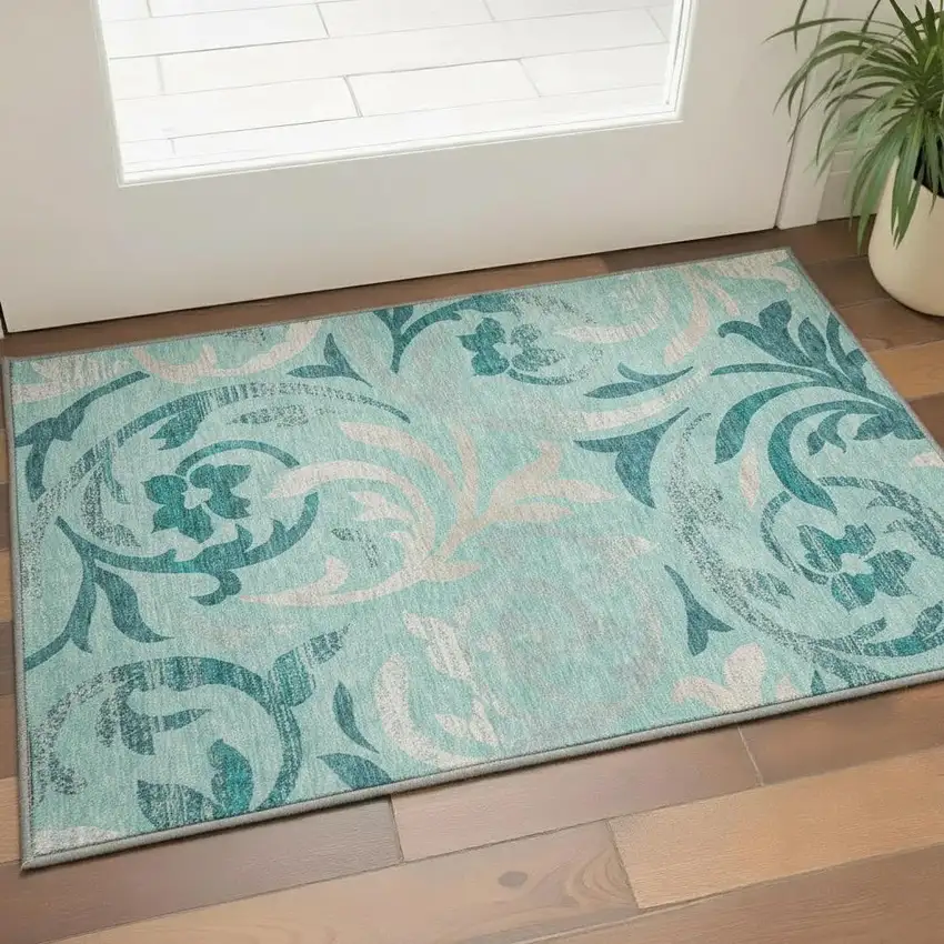Teal Beige And Gray Floral Washable Area Rug With UV Protection Photo 2