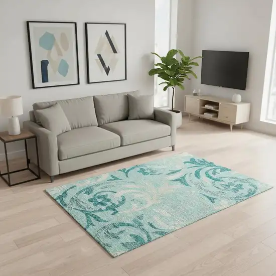 Teal Beige And Gray Floral Washable Area Rug With UV Protection Photo 2