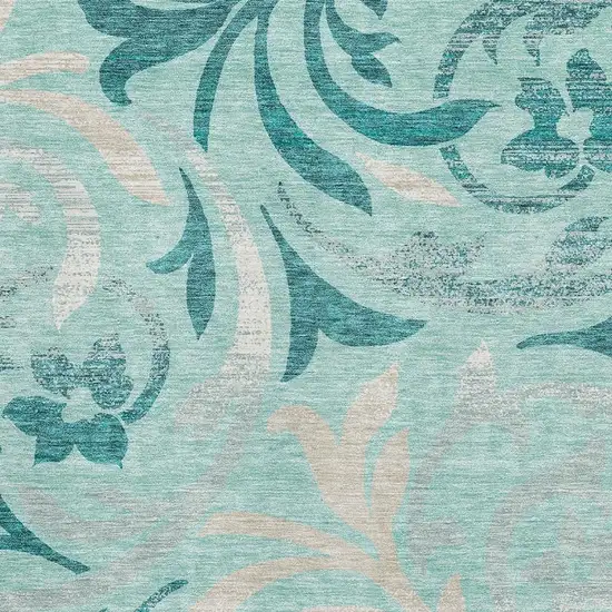 Teal Beige And Gray Floral Washable Area Rug With UV Protection Photo 3