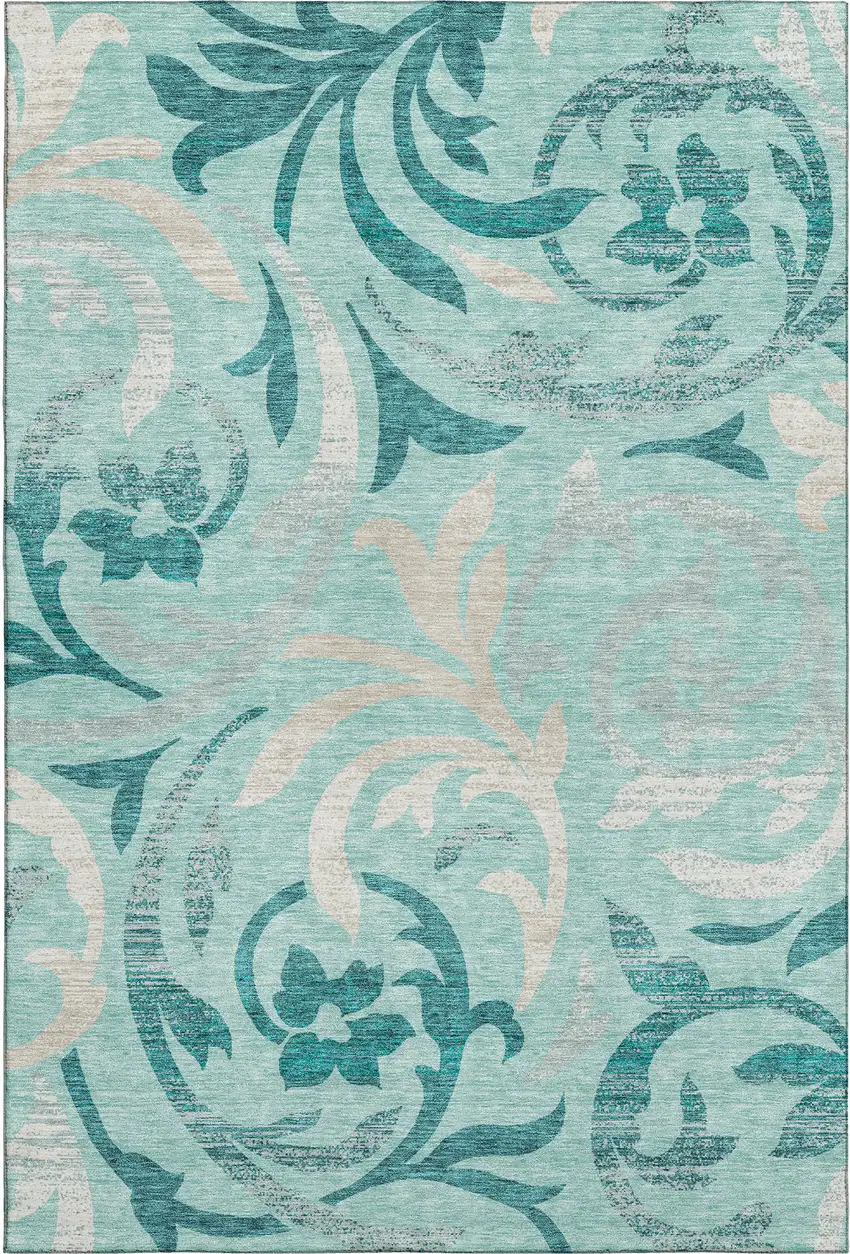 Teal Beige And Gray Floral Washable Area Rug With UV Protection Photo 1