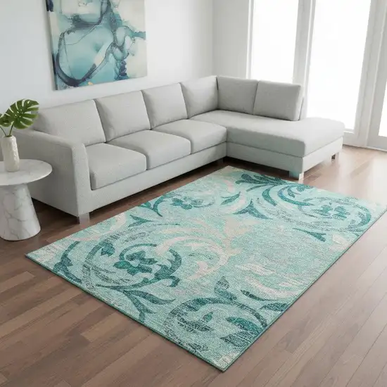 Teal Beige And Gray Floral Washable Area Rug With UV Protection Photo 2