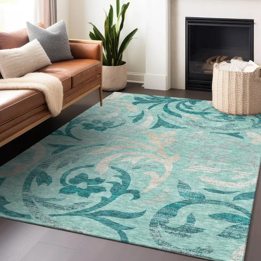 Teal Beige And Gray Floral Washable Area Rug With UV Protection Photo 5