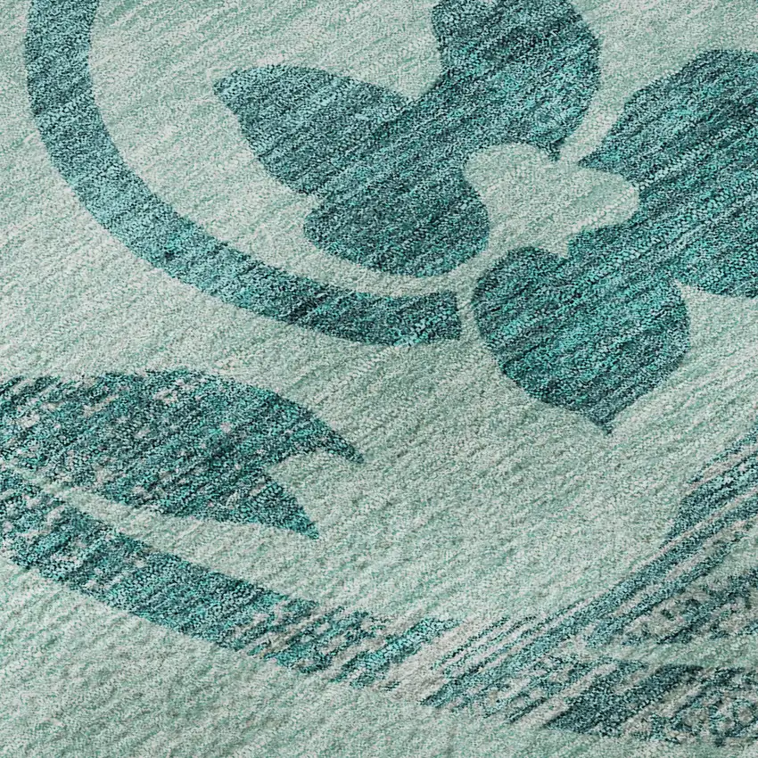 Teal Beige And Gray Floral Washable Area Rug With UV Protection Photo 9