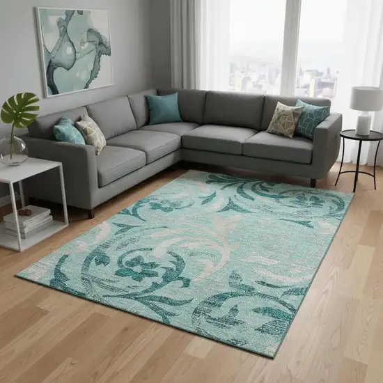 Teal Beige And Gray Floral Washable Area Rug With UV Protection Photo 2