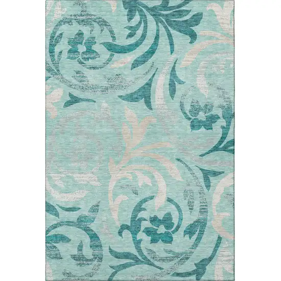 Teal Beige And Gray Floral Washable Area Rug With UV Protection Photo 4