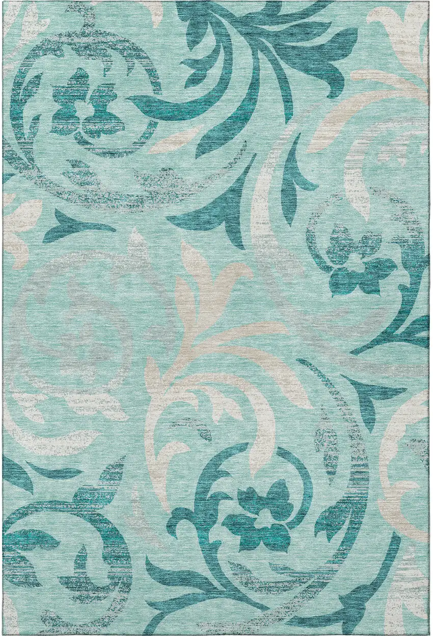 Teal Beige And Gray Floral Washable Area Rug With UV Protection Photo 4