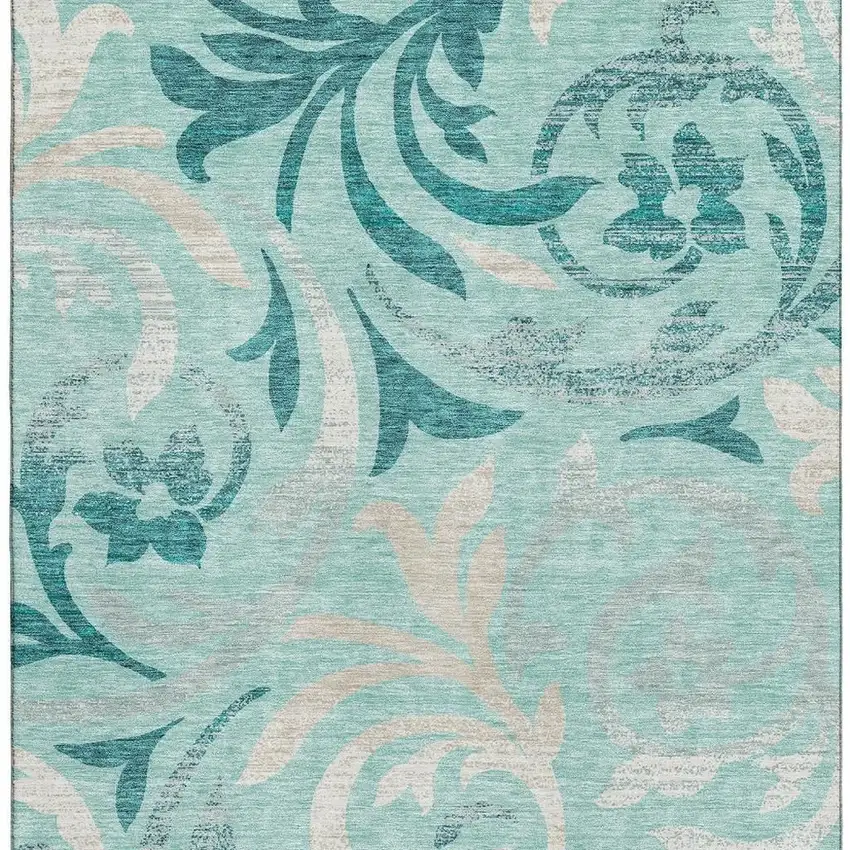 Teal Beige And Gray Floral Washable Area Rug With UV Protection Photo 3