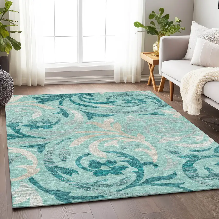 Teal Beige And Gray Floral Washable Area Rug With UV Protection Photo 5