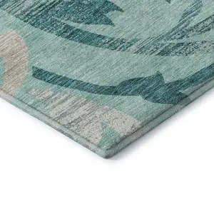 Photo of Teal Beige And Gray Floral Washable Area Rug With UV Protection