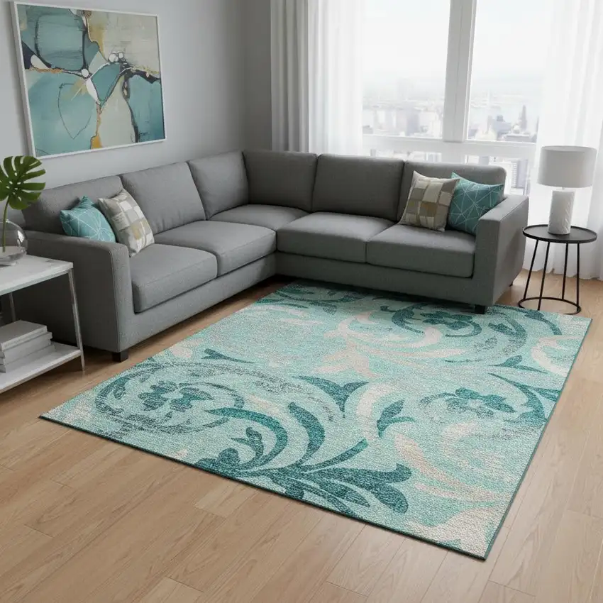 Teal Beige And Gray Floral Washable Area Rug With UV Protection Photo 2