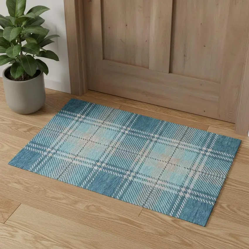 Teal Beige And Gray Plaid Washable Area Rug With UV Protection Photo 1