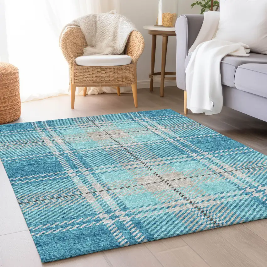 Teal Beige And Gray Plaid Washable Area Rug With UV Protection Photo 3