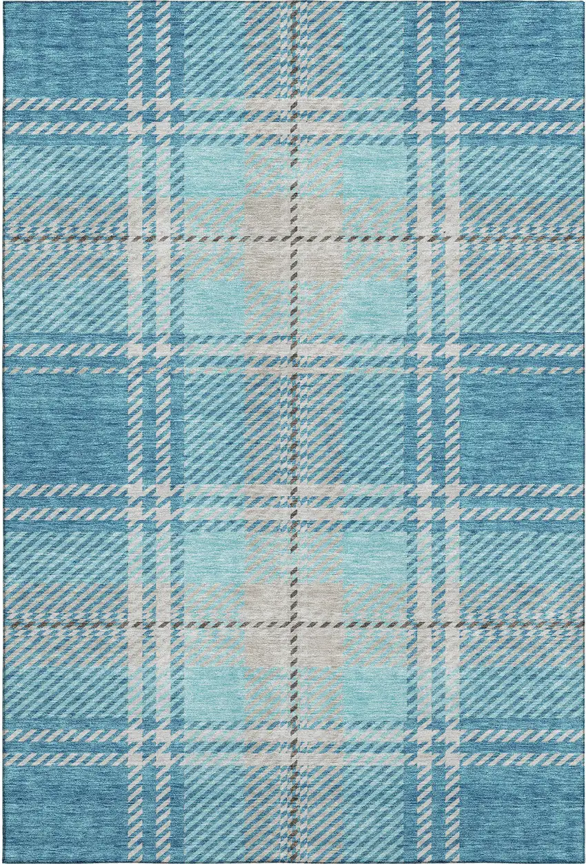 Teal Beige And Gray Plaid Washable Area Rug With UV Protection Photo 1