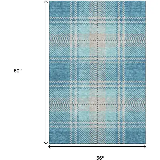 Teal Beige And Gray Plaid Washable Area Rug With UV Protection Photo 9