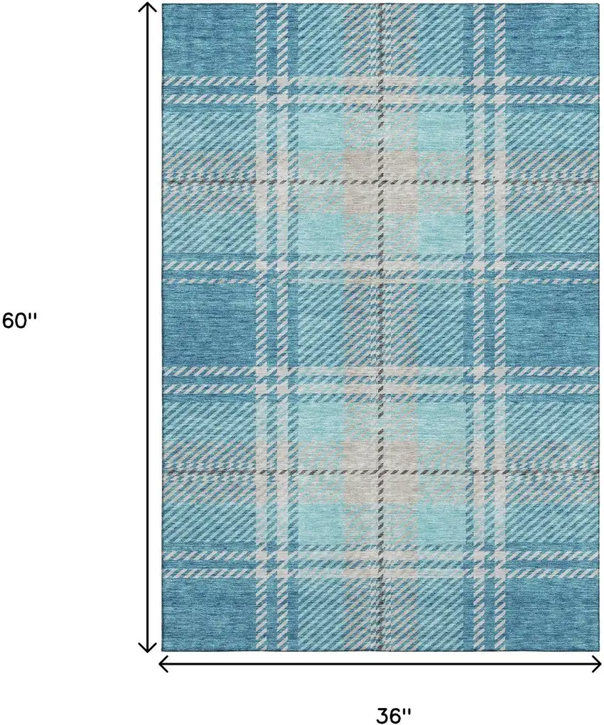 Teal Beige And Gray Plaid Washable Area Rug With UV Protection Photo 9