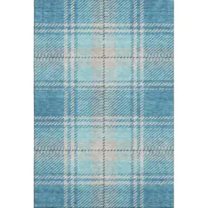 Photo of Teal Beige And Gray Plaid Washable Area Rug With UV Protection