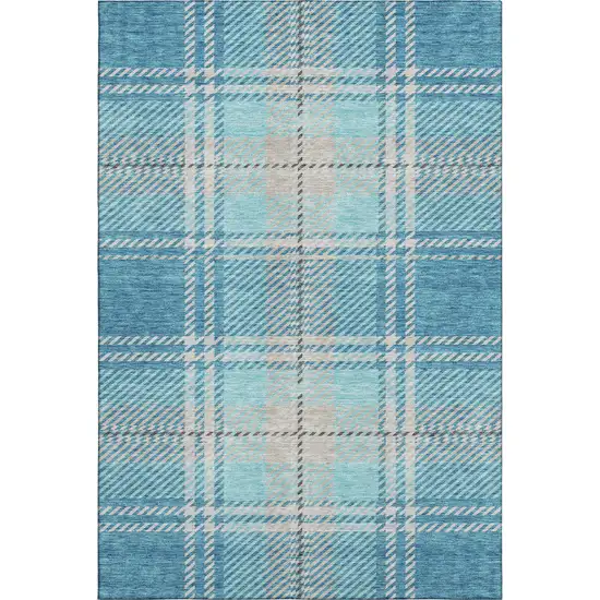 Teal Beige And Gray Plaid Washable Area Rug With UV Protection Photo 1