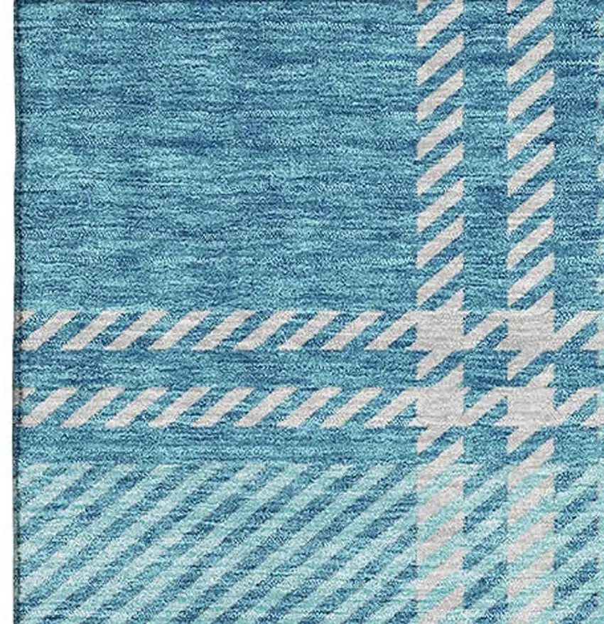Teal Beige And Gray Plaid Washable Area Rug With UV Protection Photo 3