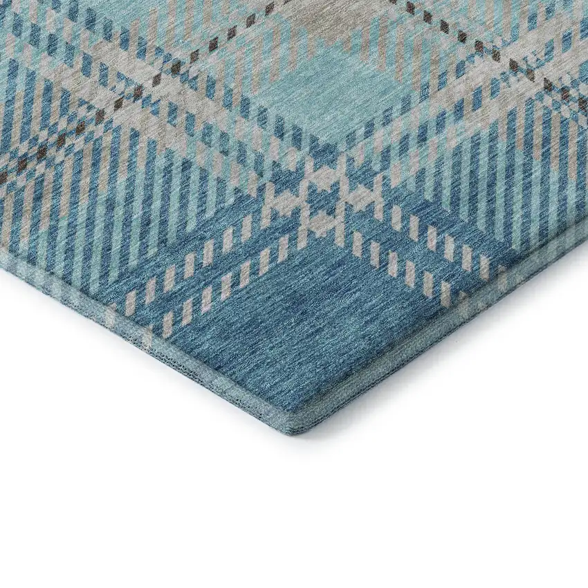 Teal Beige And Gray Plaid Washable Area Rug With UV Protection Photo 7