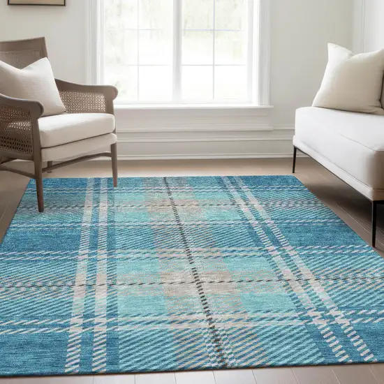 Teal Beige And Gray Plaid Washable Area Rug With UV Protection Photo 5