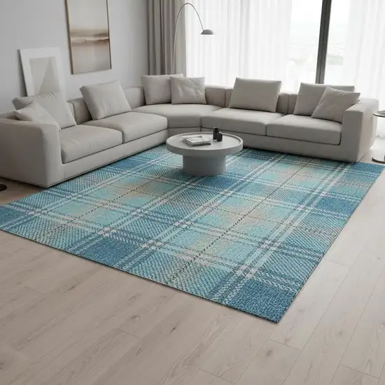 Teal Beige And Gray Plaid Washable Area Rug With UV Protection Photo 2