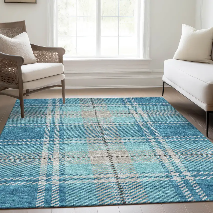 Teal Beige And Gray Plaid Washable Area Rug With UV Protection Photo 5