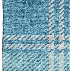 Photo of Teal Beige And Gray Plaid Washable Area Rug With UV Protection