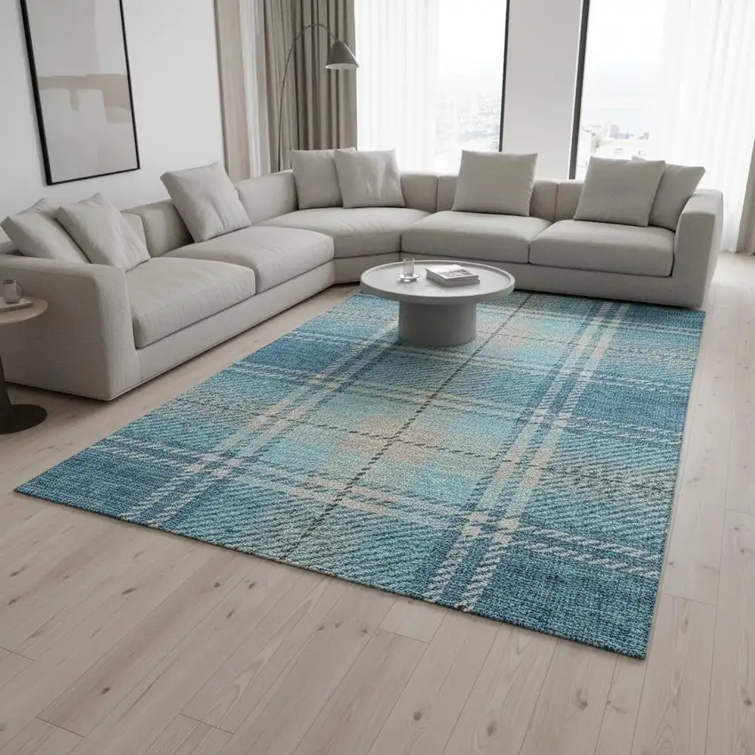 Teal Beige And Gray Plaid Washable Area Rug With UV Protection Photo 2