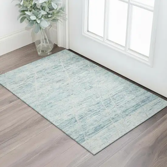 Teal Beige And Ivory Abstract Geometric Washable Area Rug With UV Protection Photo 2