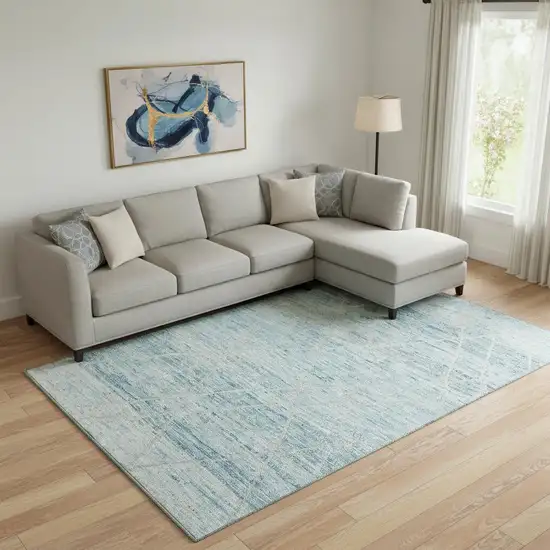 Teal Beige And Ivory Abstract Geometric Washable Area Rug With UV Protection Photo 2