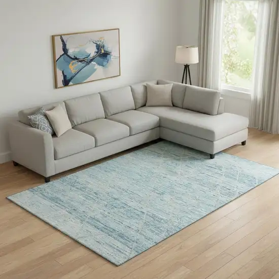 Teal Beige And Ivory Abstract Geometric Washable Area Rug With UV Protection Photo 2