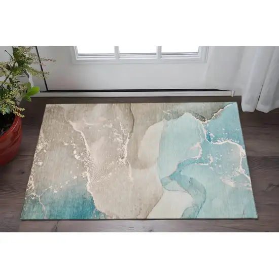 Teal Beige And Ivory Abstract Washable Area Rug With UV Protection Photo 2