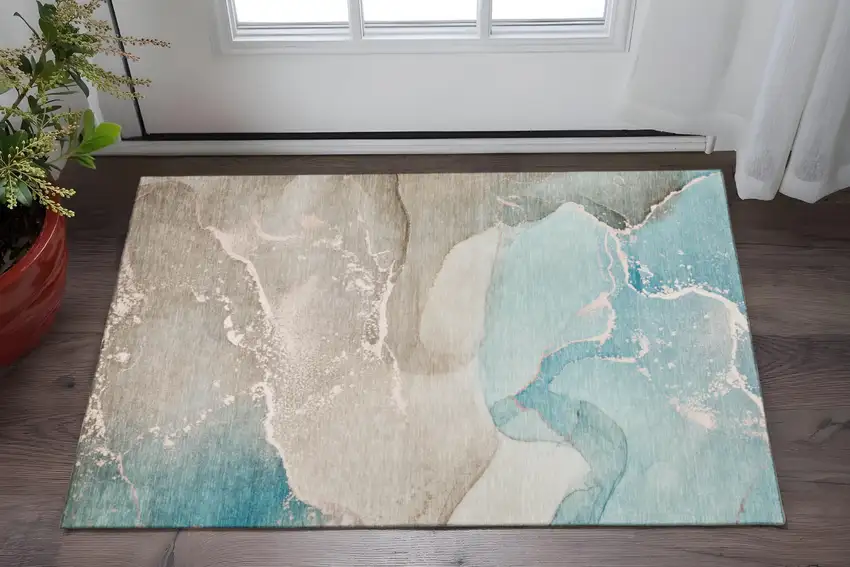 Teal Beige And Ivory Abstract Washable Area Rug With UV Protection Photo 2