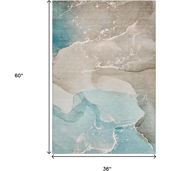 Teal Beige And Ivory Abstract Washable Area Rug With UV Protection Photo 3