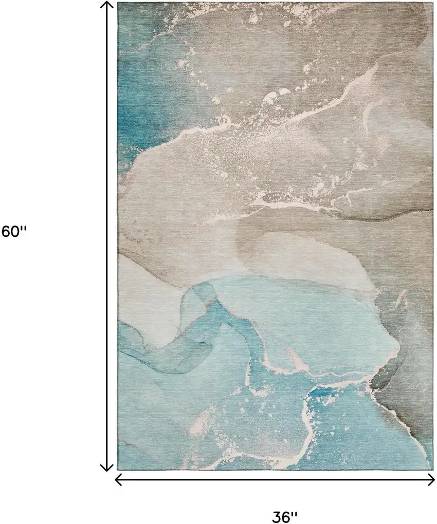 Teal Beige And Ivory Abstract Washable Area Rug With UV Protection Photo 3